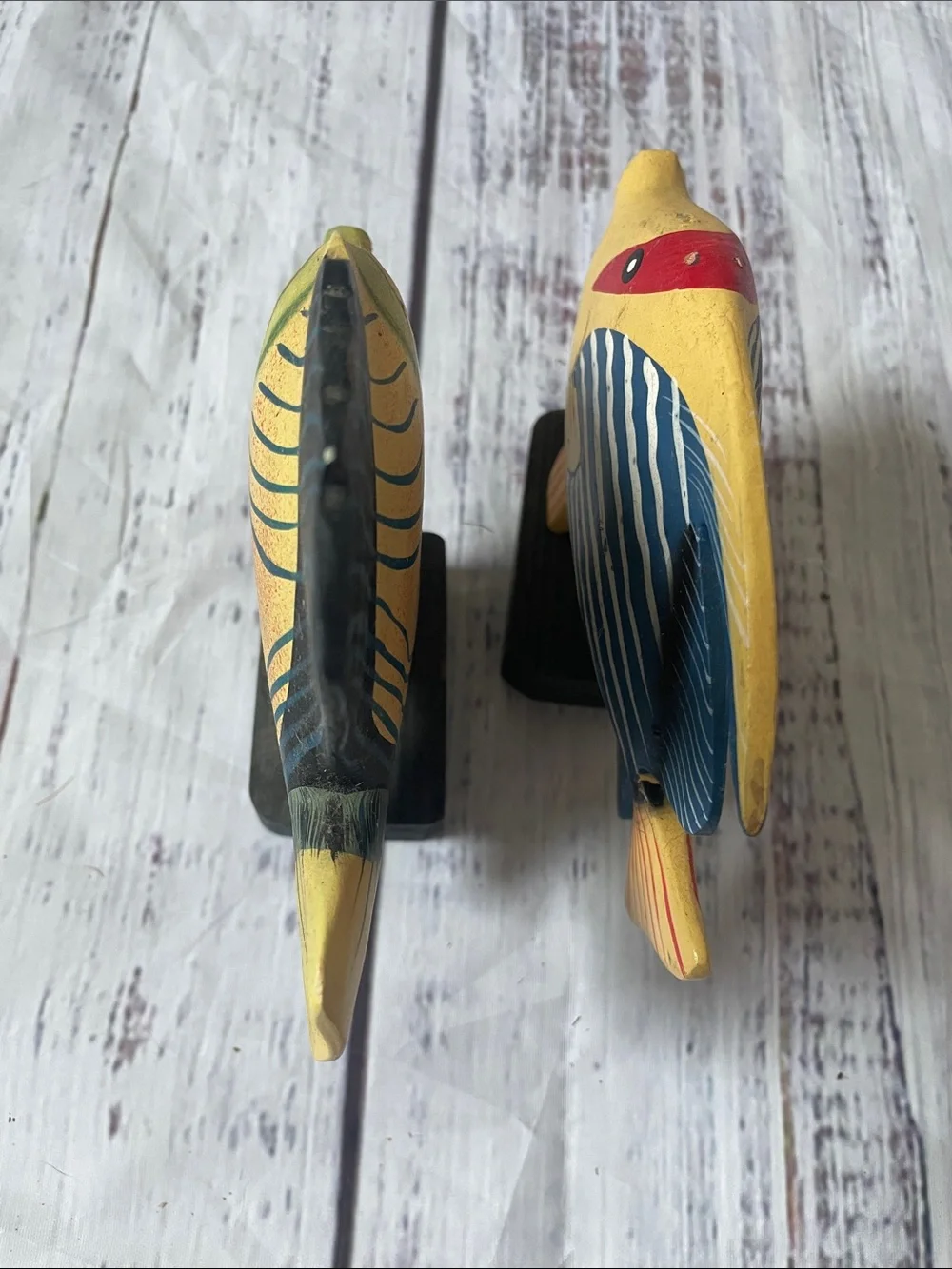 Hand-Painted Yellow & Blue Wooden Fish Figurine Pair - Nautical Accent